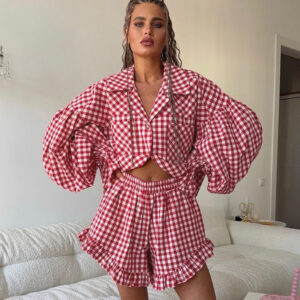 2025 Pink Long-Sleeve Top and Ruffled Short-Sleeve 2-Piece Summer Casual Checkered Women's Set with Shorts
