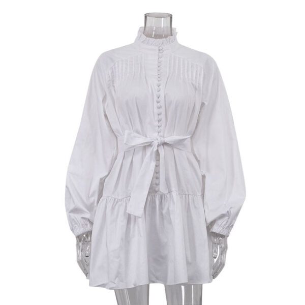 Stand Collar Drawstring Front Button Long Sleeve 2025 Elegant Women's Pure Cotton Summer Short-Length Casual Dress White Shirt Dress for Women - Image 5