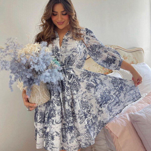 Short-Sleeve Drawstring Fashion Button-Print Women's Shirt Dress Short-Length Casual Summer Dress for Women - Image 2