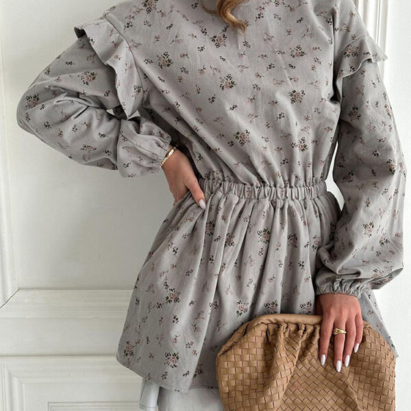 Clothing Manufacturer Elastic Waist Gray Patchwork Elegant Casual Summer Short Dresses Ruffle Long Sleeve Floral Dress for Woman - Image 3