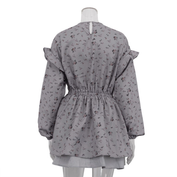 Clothing Manufacturer Elastic Waist Gray Patchwork Elegant Casual Summer Short Dresses Ruffle Long Sleeve Floral Dress for Woman - Image 5