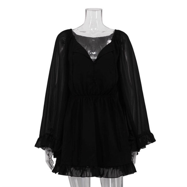 Elastic Waist Trend Design Ruffled Long Sleeve Chiffon Summer Dress 2025 Short Black Dress for Women - Image 2