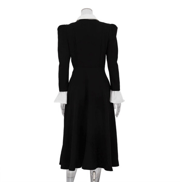 Dual Zip Patchwork Long Sleeve Spring 2025 Office Women's Clothing Long Dresses Women Lady Elegant Black Dress With White Collar - Image 2