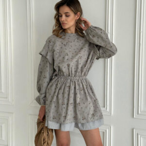 Clothing Manufacturer Elastic Waist Gray Patchwork Elegant Casual Summer Short Dresses Ruffle Long Sleeve Floral Dress for Woman