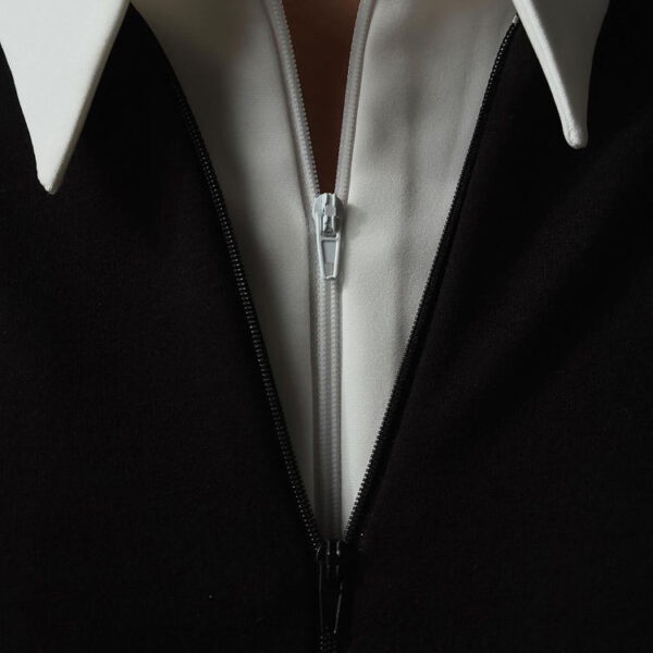 Dual Zip Patchwork Long Sleeve Spring 2025 Office Women's Clothing Long Dresses Women Lady Elegant Black Dress With White Collar - Image 3