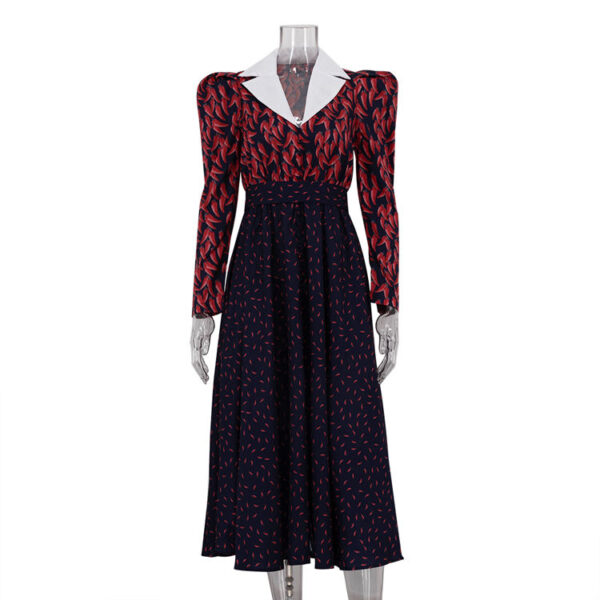 Patchwork Print Two-Tone Belt Buckle Spring 2025 New Arrival Long-Sleeve Maxi Dress Women's Vintage-Style Dress - Image 4