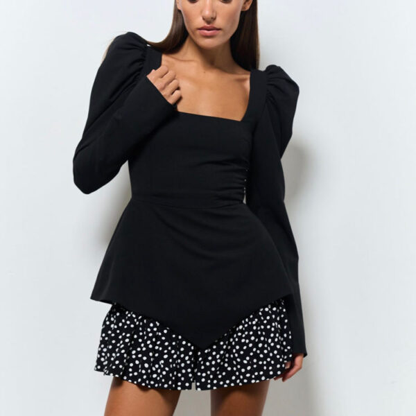 Square Neck Back Zipper Patchwork Skirt Black Long Sleeve Short Dress 2025 New Arrival Summer Women's Casual Dress - Image 4