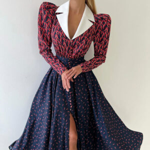 Patchwork Print Two-Tone Belt Buckle Spring 2025 New Arrival Long-Sleeve Maxi Dress Women's Vintage-Style Dress