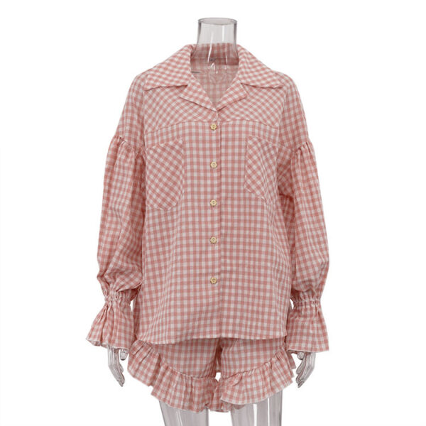 2025 Pink Long-Sleeve Top and Ruffled Short-Sleeve 2-Piece Summer Casual Checkered Women's Set with Shorts - Image 4