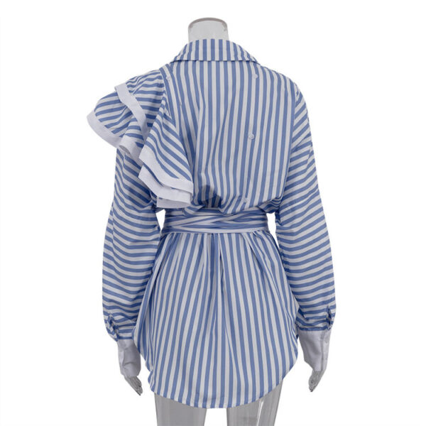Patchwork Button-Up Belted Long Sleeve Ruffle Summer 2025 New Fashionable Women's Short Casual Dresses Striped Shirt Dress - Image 3