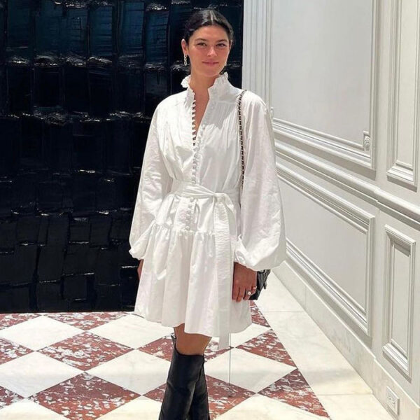 Stand Collar Drawstring Front Button Long Sleeve 2025 Elegant Women's Pure Cotton Summer Short-Length Casual Dress White Shirt Dress for Women - Image 3