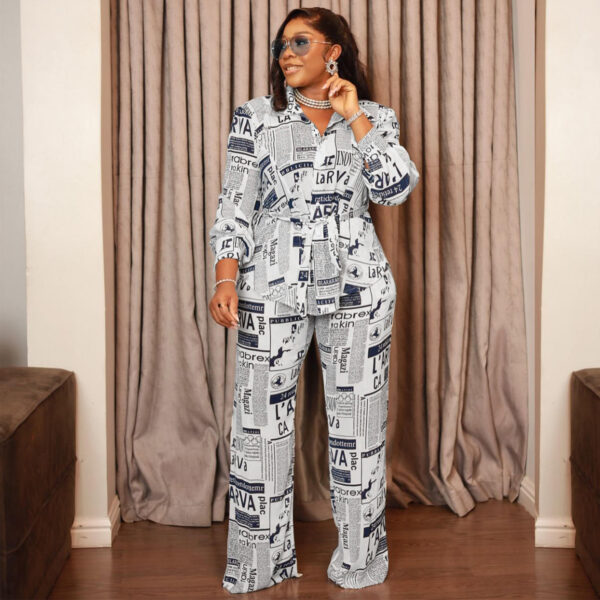 Fashionable Women's Set: Newspaper Print Long-Sleeve Top and Pants Two-Piece Winter Ensemble - Image 3