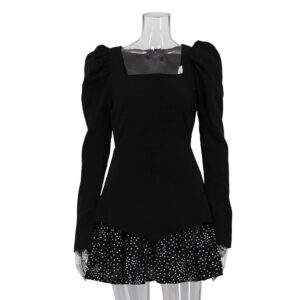 Square Neck Back Zipper Patchwork Skirt Black Long Sleeve Short Dress 2025 New Arrival Summer Women's Casual Dress