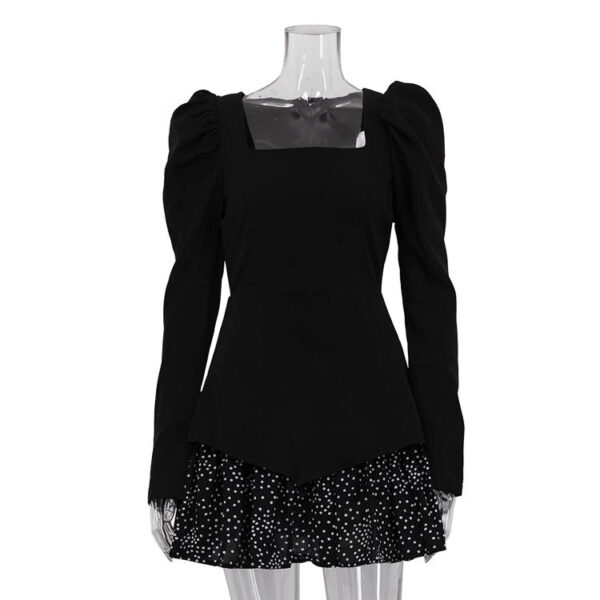 Square Neck Back Zipper Patchwork Skirt Black Long Sleeve Short Dress 2025 New Arrival Summer Women's Casual Dress
