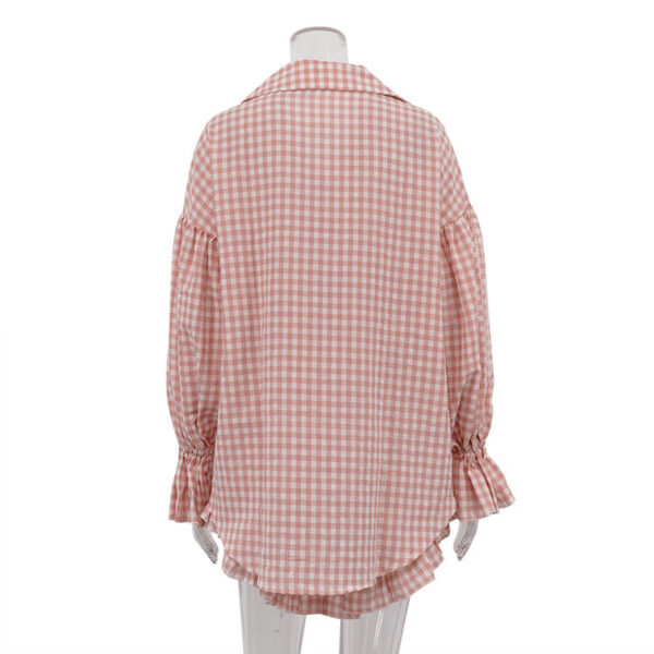 2025 Pink Long-Sleeve Top and Ruffled Short-Sleeve 2-Piece Summer Casual Checkered Women's Set with Shorts - Image 5
