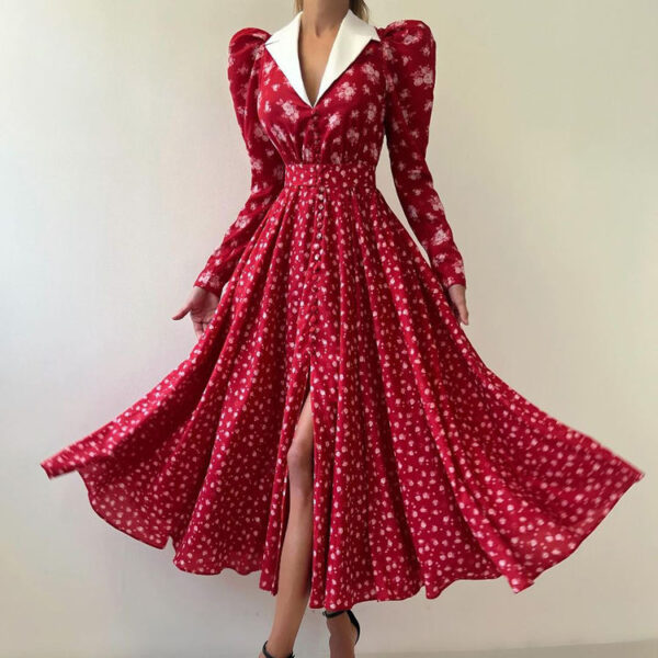 Patchwork Print Two-Tone Belt Buckle Spring 2025 New Arrival Long-Sleeve Maxi Dress Women's Vintage-Style Dress - Image 6