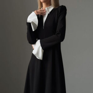 Dual Zip Patchwork Long Sleeve Spring 2025 Office Women's Clothing Long Dresses Women Lady Elegant Black Dress With White Collar