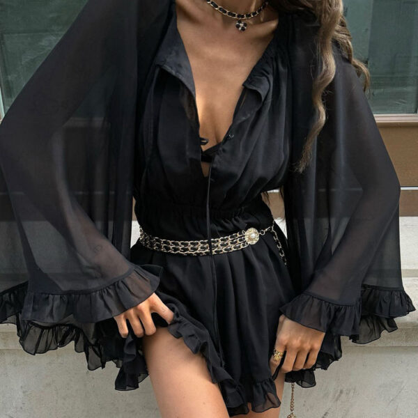 Elastic Waist Trend Design Ruffled Long Sleeve Chiffon Summer Dress 2025 Short Black Dress for Women - Image 3