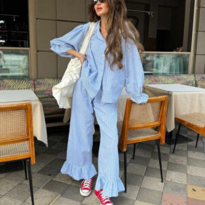 2025 Spring Fashion Women's Set Blue Ruffled Cotton Plaid Casual Two-Piece Shirt and Pants Set for Women