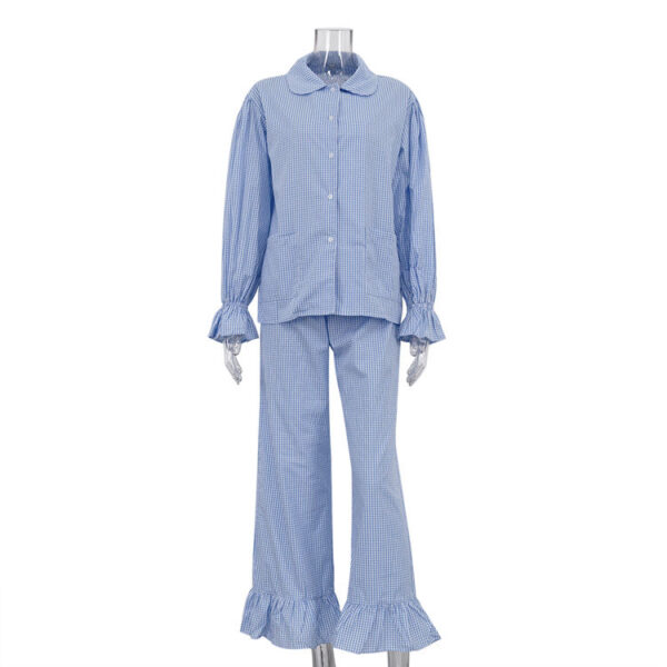 2025 Spring Fashion Women's Set Blue Ruffled Cotton Plaid Casual Two-Piece Shirt and Pants Set for Women - Image 3