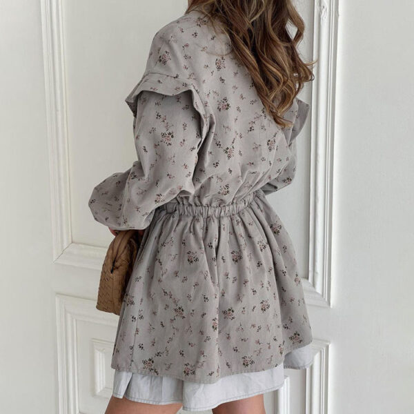 Clothing Manufacturer Elastic Waist Gray Patchwork Elegant Casual Summer Short Dresses Ruffle Long Sleeve Floral Dress for Woman - Image 4