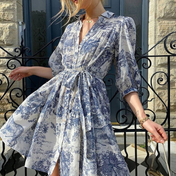 Short-Sleeve Drawstring Fashion Button-Print Women's Shirt Dress Short-Length Casual Summer Dress for Women - Image 4