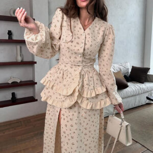 Long-Sleeved High-Slit Maxi Dress with Ruffled Corset Top 2025 Elegant Floral Two-Piece Women's Dress Set