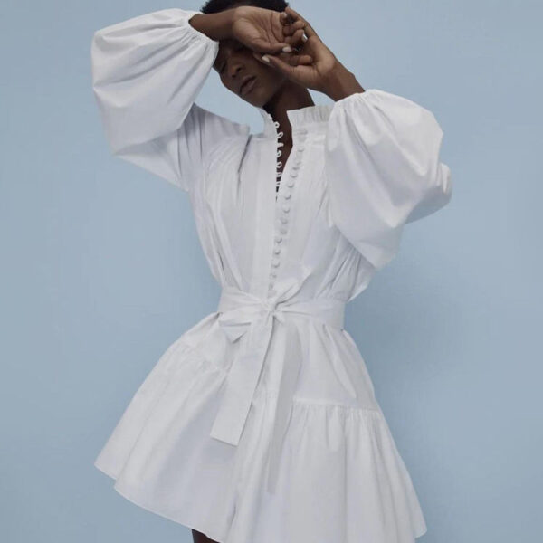 Stand Collar Drawstring Front Button Long Sleeve 2025 Elegant Women's Pure Cotton Summer Short-Length Casual Dress White Shirt Dress for Women - Image 4