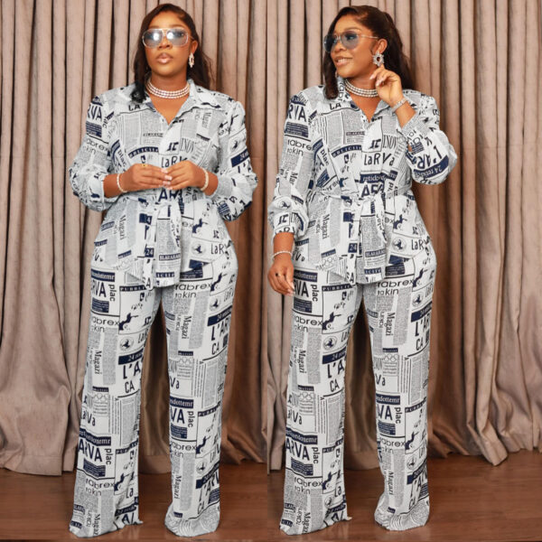 Fashionable Women's Set: Newspaper Print Long-Sleeve Top and Pants Two-Piece Winter Ensemble - Image 2