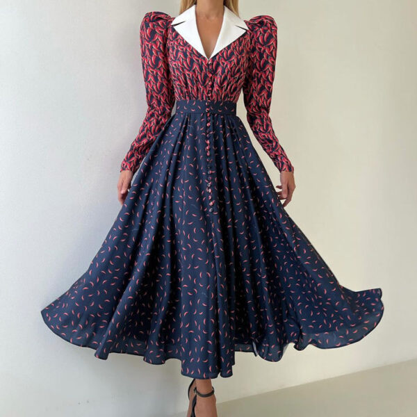 Patchwork Print Two-Tone Belt Buckle Spring 2025 New Arrival Long-Sleeve Maxi Dress Women's Vintage-Style Dress - Image 3