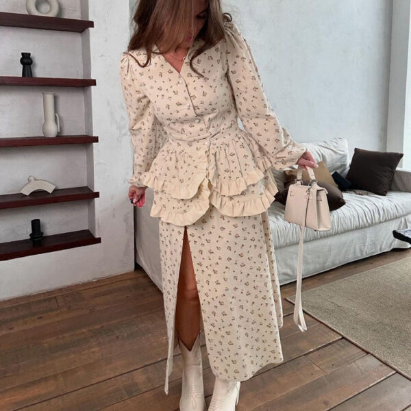 Long-Sleeved High-Slit Maxi Dress with Ruffled Corset Top 2025 Elegant Floral Two-Piece Women's Dress Set - Image 3