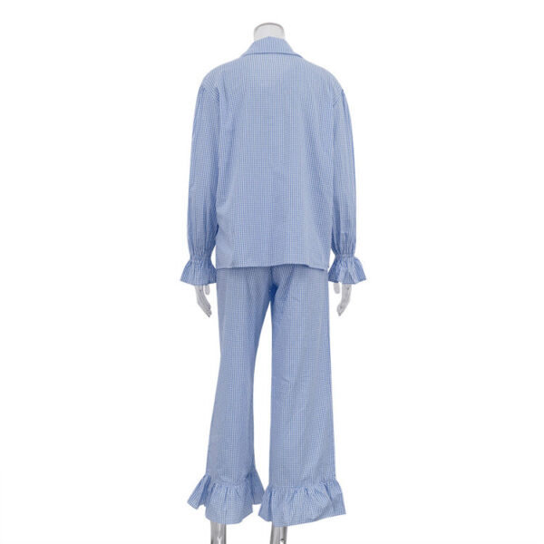 2025 Spring Fashion Women's Set Blue Ruffled Cotton Plaid Casual Two-Piece Shirt and Pants Set for Women - Image 4