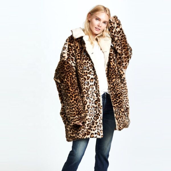 Women's Plus Size Winter Warm Thick Mink-Like Faux Fur Knitted Long Jacket Leopard Print Fashionable Loose Animal Print Hot Sale Button - Image 3