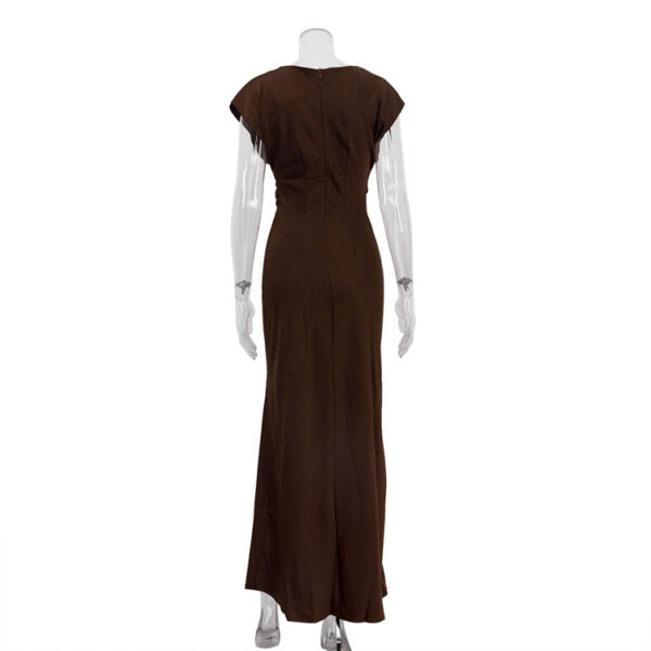 Premium Women's Tailored High-Waisted Cap-Sleeve Casual Summer Dress 2025 Elegant Dark Brown Long Dress - Image 3