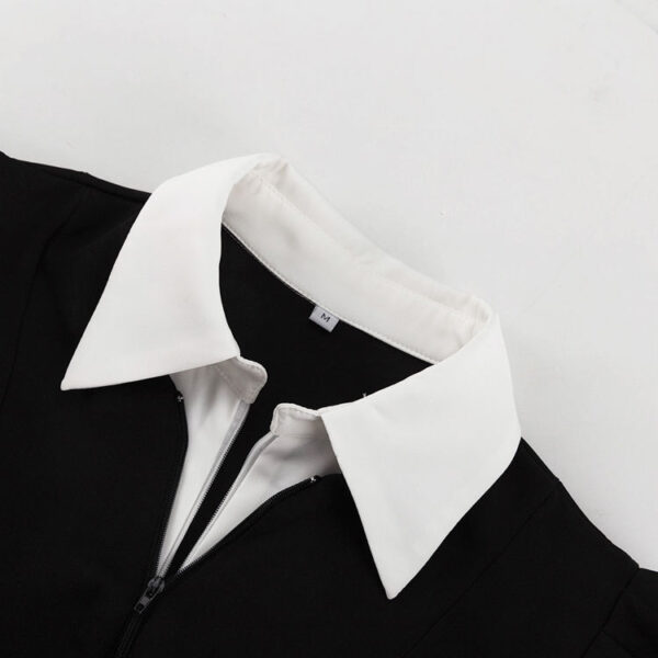 Dual Zip Patchwork Long Sleeve Spring 2025 Office Women's Clothing Long Dresses Women Lady Elegant Black Dress With White Collar - Image 5