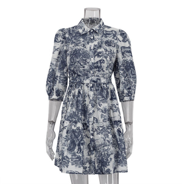 Short-Sleeve Drawstring Fashion Button-Print Women's Shirt Dress Short-Length Casual Summer Dress for Women - Image 5