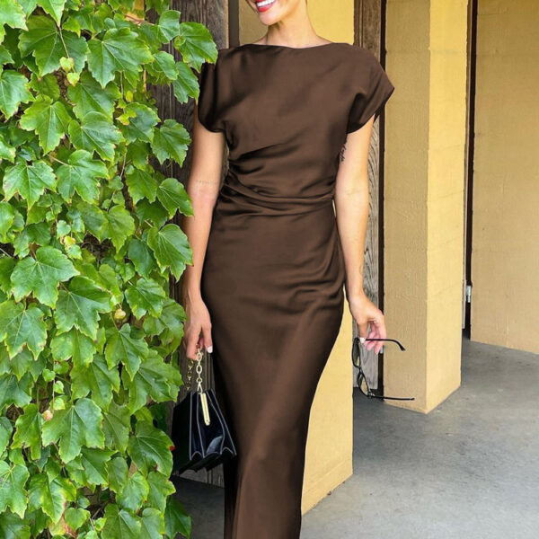 Premium Women's Tailored High-Waisted Cap-Sleeve Casual Summer Dress 2025 Elegant Dark Brown Long Dress - Image 5
