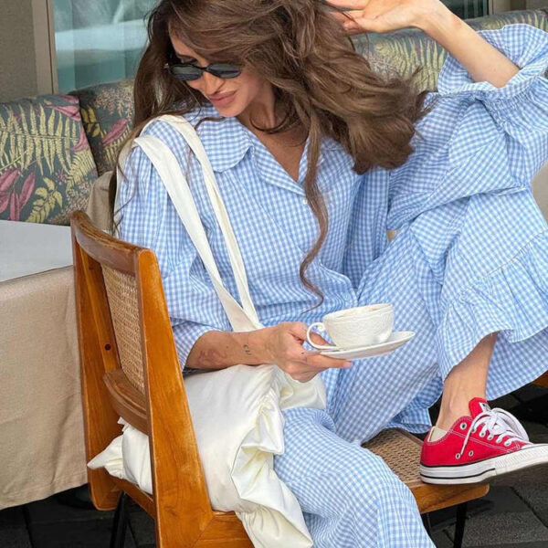 2025 Spring Fashion Women's Set Blue Ruffled Cotton Plaid Casual Two-Piece Shirt and Pants Set for Women - Image 5