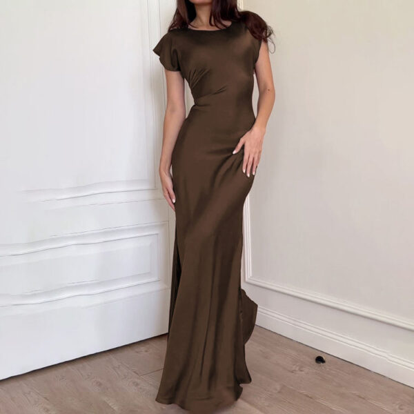 Premium Women's Tailored High-Waisted Cap-Sleeve Casual Summer Dress 2025 Elegant Dark Brown Long Dress - Image 6