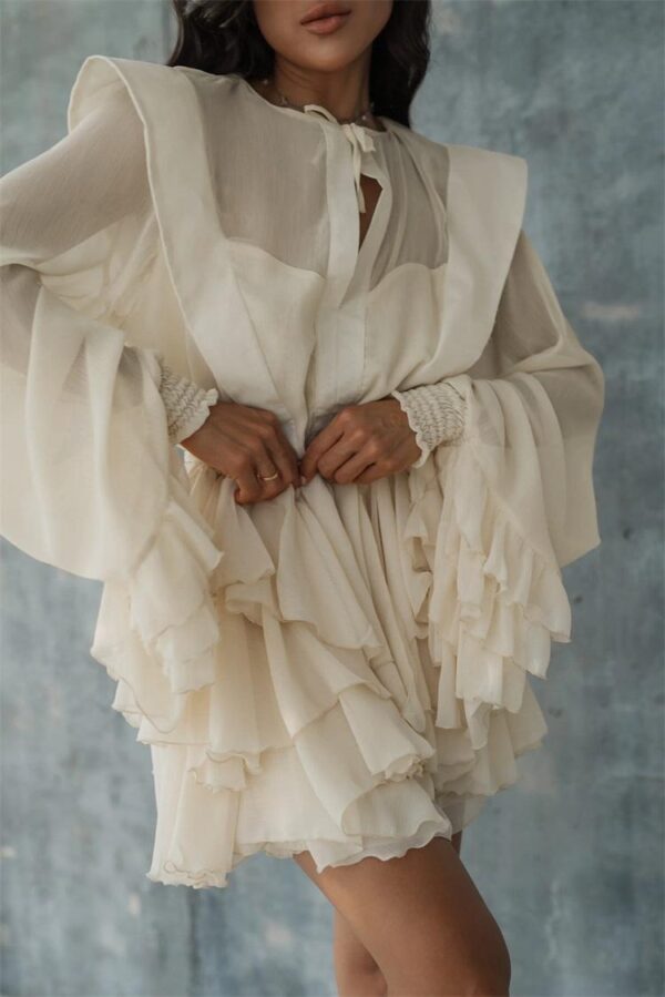 Long-Sleeve Layered Bell-Sleeve Ruffled Dress Short Trendy Summer Wear for Women 2025