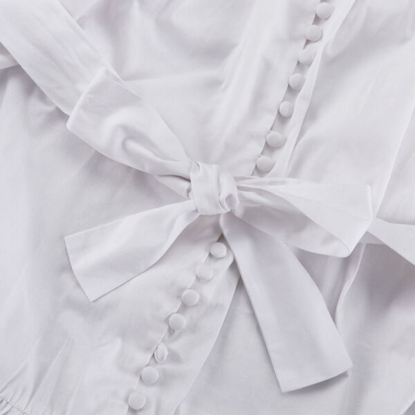 Stand Collar Drawstring Front Button Long Sleeve 2025 Elegant Women's Pure Cotton Summer Short-Length Casual Dress White Shirt Dress for Women - Image 6