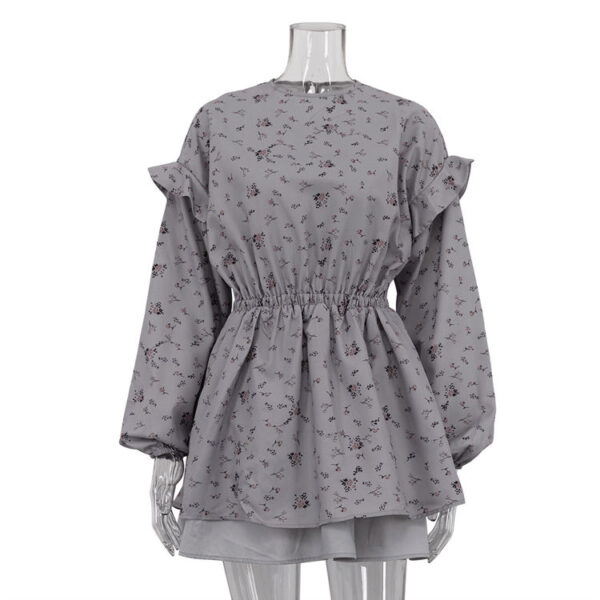 Clothing Manufacturer Elastic Waist Gray Patchwork Elegant Casual Summer Short Dresses Ruffle Long Sleeve Floral Dress for Woman - Image 7