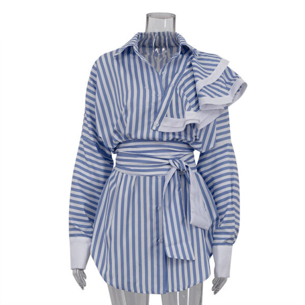 Patchwork Button-Up Belted Long Sleeve Ruffle Summer 2025 New Fashionable Women's Short Casual Dresses Striped Shirt Dress - Image 6