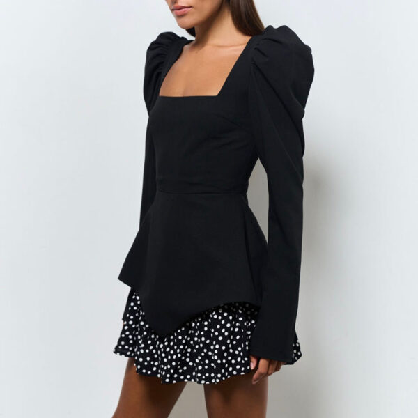 Square Neck Back Zipper Patchwork Skirt Black Long Sleeve Short Dress 2025 New Arrival Summer Women's Casual Dress - Image 6