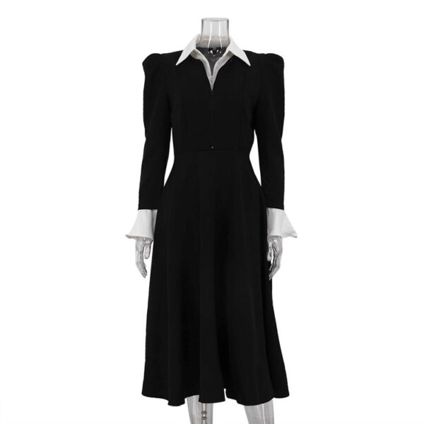 Dual Zip Patchwork Long Sleeve Spring 2025 Office Women's Clothing Long Dresses Women Lady Elegant Black Dress With White Collar - Image 6