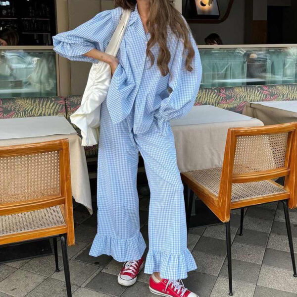 2025 Spring Fashion Women's Set Blue Ruffled Cotton Plaid Casual Two-Piece Shirt and Pants Set for Women - Image 7