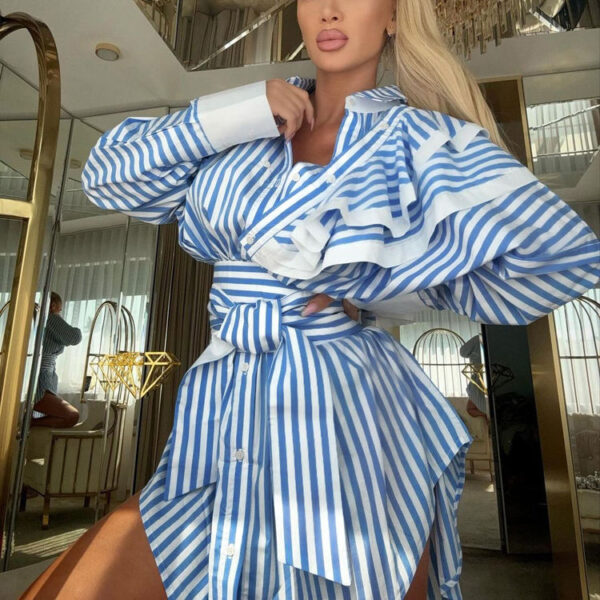 Patchwork Button-Up Belted Long Sleeve Ruffle Summer 2025 New Fashionable Women's Short Casual Dresses Striped Shirt Dress - Image 7