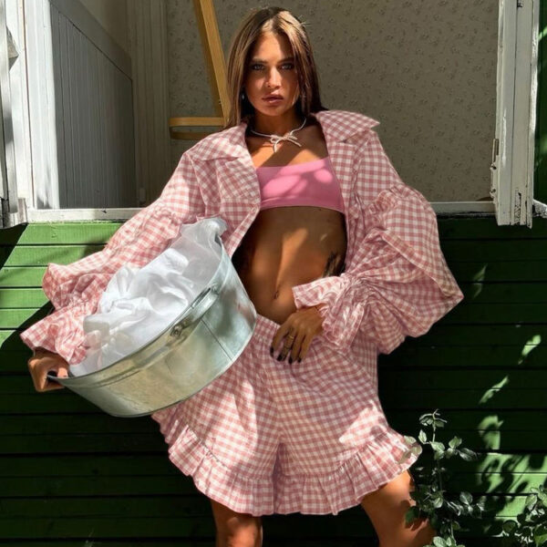 2025 Pink Long-Sleeve Top and Ruffled Short-Sleeve 2-Piece Summer Casual Checkered Women's Set with Shorts - Image 7