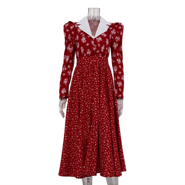 Patchwork Print Two-Tone Belt Buckle Spring 2025 New Arrival Long-Sleeve Maxi Dress Women's Vintage-Style Dress - Image 7